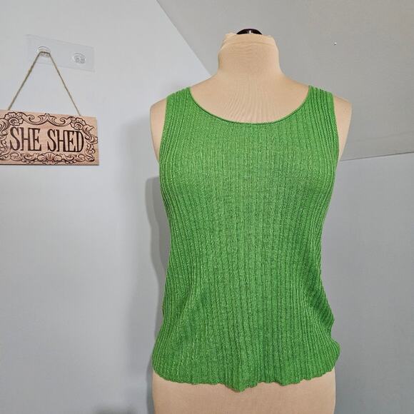 Eileen Fisher Top Ribbed Knit Sweater Green XS 100% Linen Sleeveless Minimalist - Picture 2 of 14